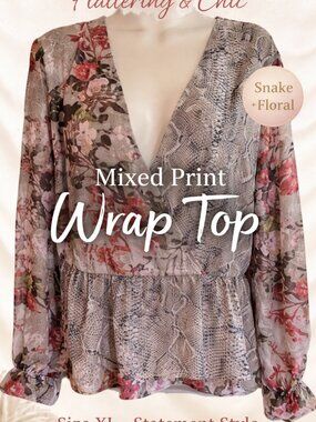 INC International Concepts Mixed Print Wrap Top XL Snake Floral Surplice Blouse